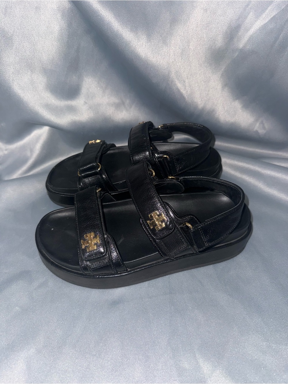 Tory Burch Black Leather Logo Strap Platform Sandals